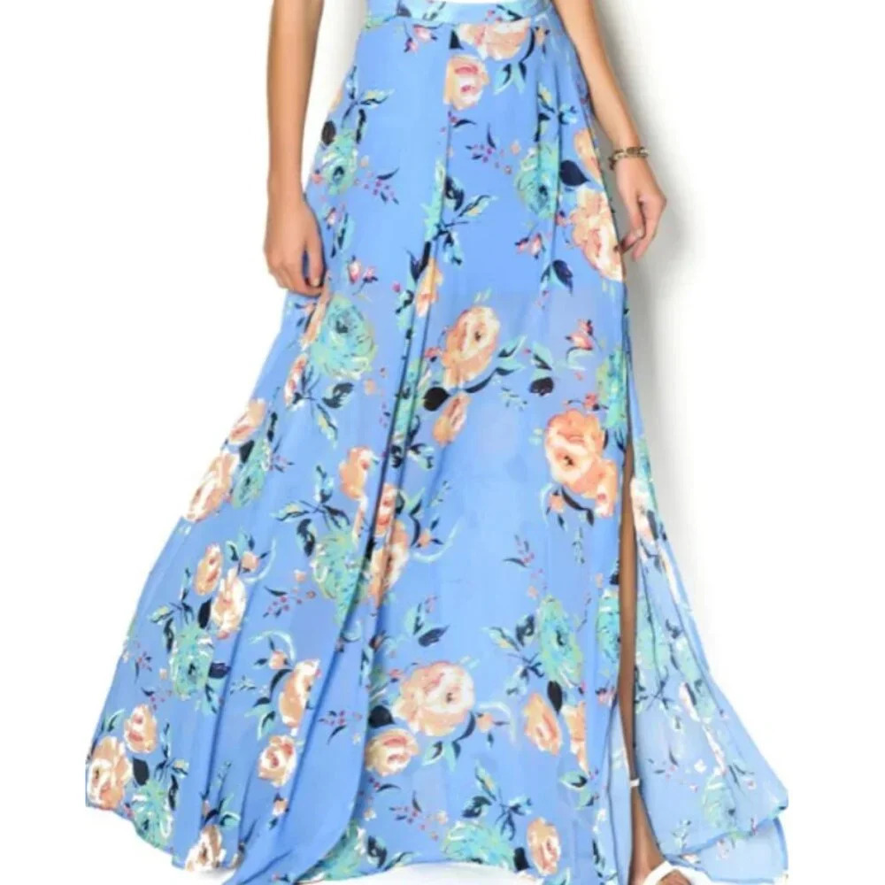 Yumi Kim Floral Print Front High Slit Maxi Skirt Blue Green Pink 22175
